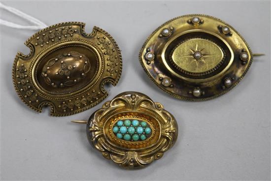 Three Victorian yellow metal brooches, one set with turquoise, another with seed pearls.